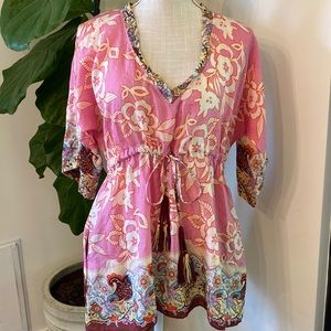 Johnny Was 100% silk cheery pink floral blouse top tassels XS